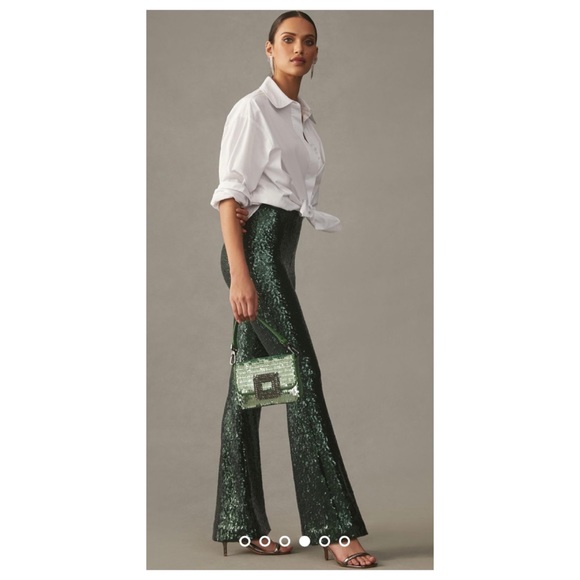 NWOT Anthropologie Joni Sequin Flare Pants in Dark Green  Size 10 - Picture 6 of 14